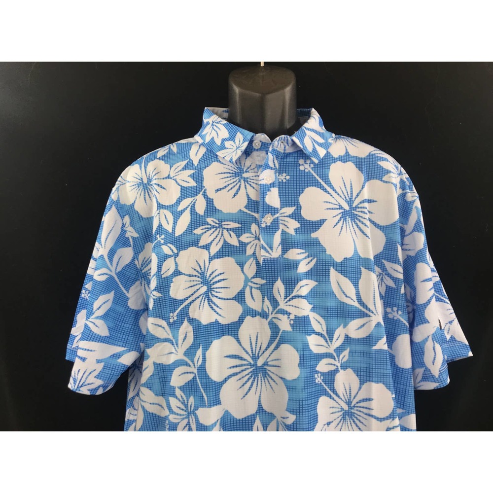 Men's Hawaiian print Golf Polo by Yatta  blue white floral Size M New - Picture 2 of 7